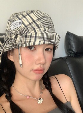 【韩系少女】双面可戴春夏薄款黑米格纹渔夫帽可翻檐凹造型盆帽潮