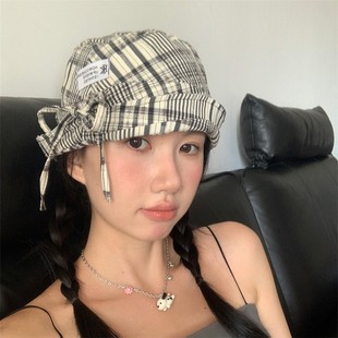 【韩系少女】双面可戴春夏薄款黑米格纹渔夫帽可翻檐凹造型盆帽潮