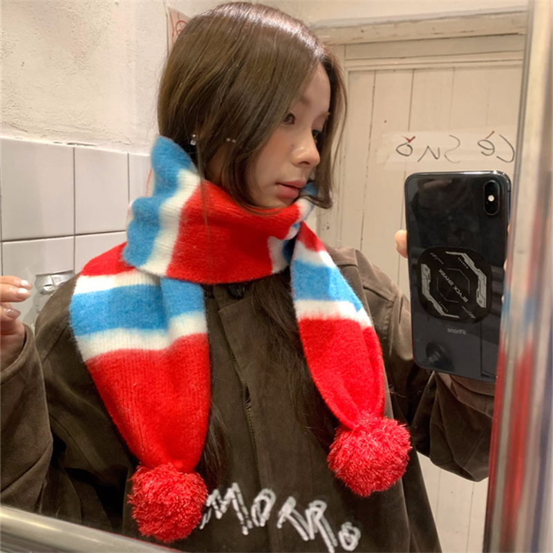 【可爱球球】学院风红色条纹针织围巾女秋冬保暖羊毛混纺小围脖潮
