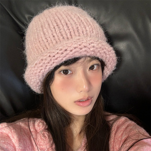 【可爱小粉帽】日系甜妹羊毛混纺粗针织毛线帽加厚卷边显脸小帽子