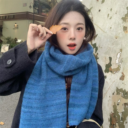 显白海蓝色保暖针织围巾很出片女