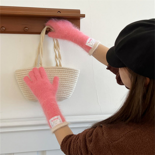 【好看树莓粉】含兔毛贴标长腕露指可触屏针织手套秋冬保暖骑行韩