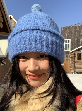 【小啾啾】甜美可爱显脸小翻边蓝色针织帽护耳保暖圣诞红色毛线帽