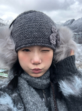 立体玫瑰花朵针织帽百搭灰显脸小