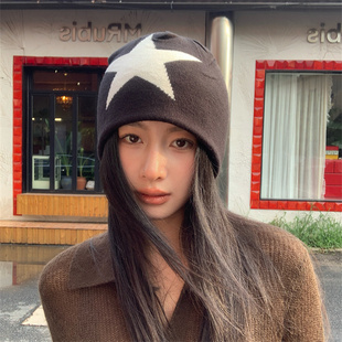 【双面戴】美式街头双层针织保暖冷帽字母提花显脸小五角星包头帽