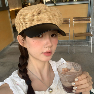 【邂逅浪漫】法式穿搭拉菲草编织马术帽不规则帽顶皮帽拼接八角帽