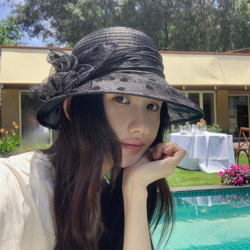 法式赫本风波点网纱大花朵礼帽女