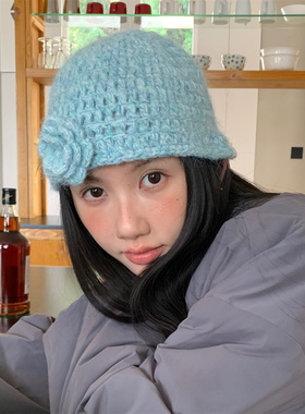 出片的绿色花朵毛线帽可爱冷帽女