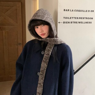 韩系围脖帽子一体保暖护耳针织帽牛角扣巴拉克拉法帽秋冬披肩帽潮