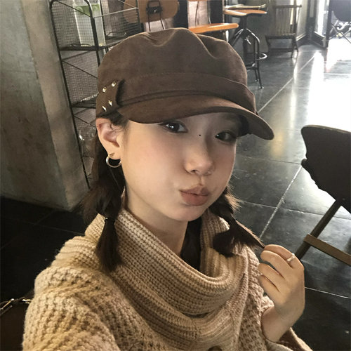 【苦涩咖啡】韩版复古麂皮绒铆钉平顶帽秋冬好搭配软顶鸭舌帽潮