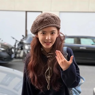 【章若楠同款帽子】手工钩花双层镂空针织贝雷帽春秋百搭画家帽潮