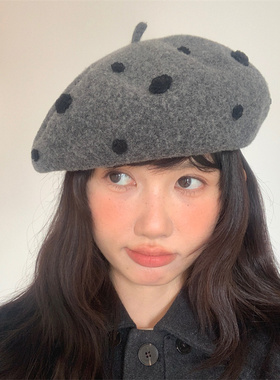 法式纯羊毛立体玫瑰花贝雷帽子女