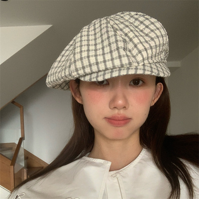 盐系穿搭春夏薄款英伦格纹八角帽