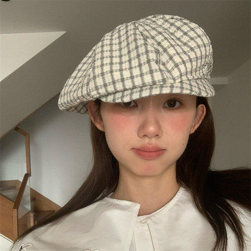 盐系穿搭春夏薄款英伦格纹八角帽