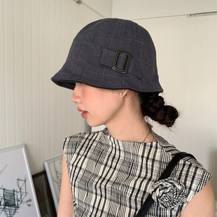 【日系穿搭】侧面方扣格纹棉麻渔夫帽春夏款可爱圆顶皮边短檐盆帽