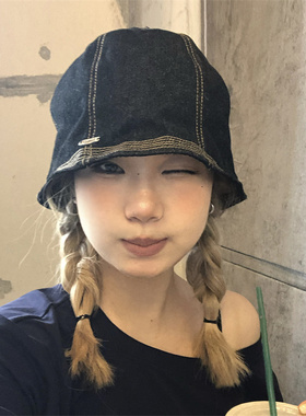 适合可爱圆脸戴的日系牛仔水桶帽