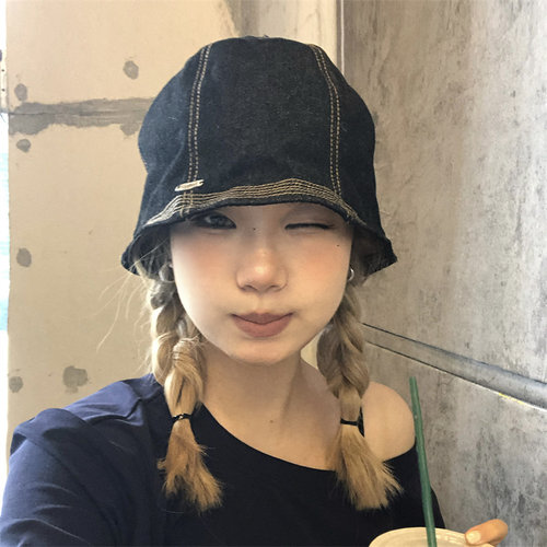 适合可爱圆脸戴的日系牛仔水桶帽