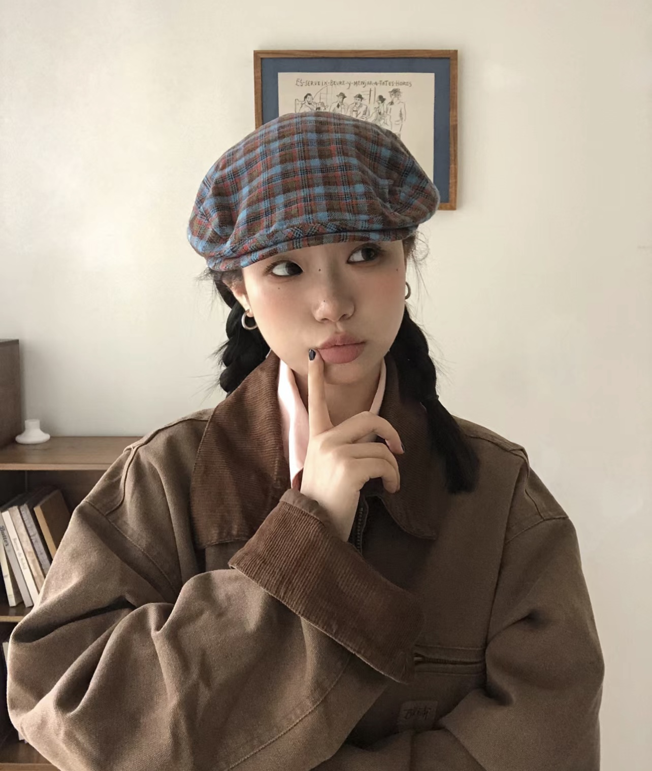 早秋彩色千鸟格前进帽时髦鸭嘴帽