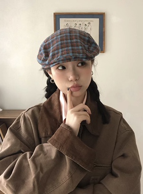 早秋彩色千鸟格前进帽时髦鸭嘴帽