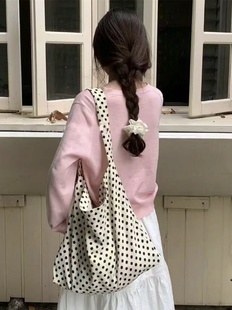 复古文艺波点帆布包大容量学生上课通勤包环保袋 韩系ins包包