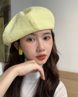 【夏天的奶油黄】显脸小贝雷帽子女褶皱泡泡纱显白树莓红画家帽潮