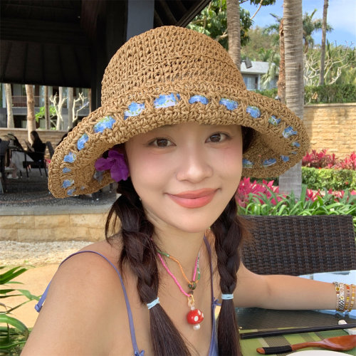 蓝色小碎花绑带编织草帽可折叠女