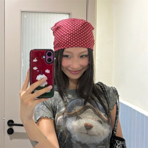 复古红色波点头巾丝巾小方巾领巾