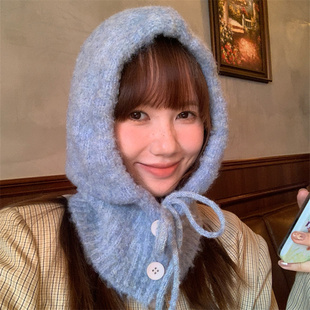 含羊毛显白绿色巴拉克拉法帽秋冬保暖护耳围脖一体 定制星空蓝