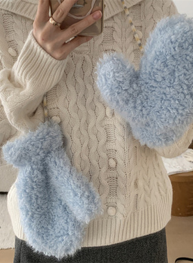 全包baby蓝色挂绳滑雪保暖手套女