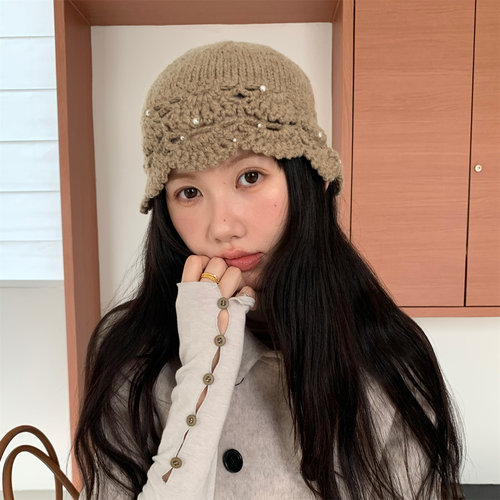 可爱花边针织镂空渔夫帽毛线帽女