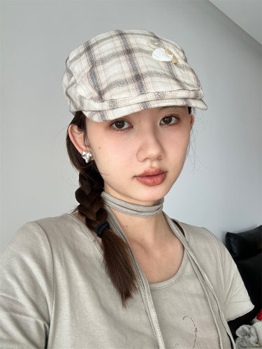 原创文艺手工缝制纽扣格纹前进帽