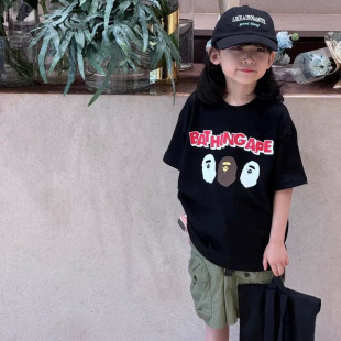 男女童日系潮牌短袖T恤夏季新款中小童洋气猿猴字母卡通百搭上衣