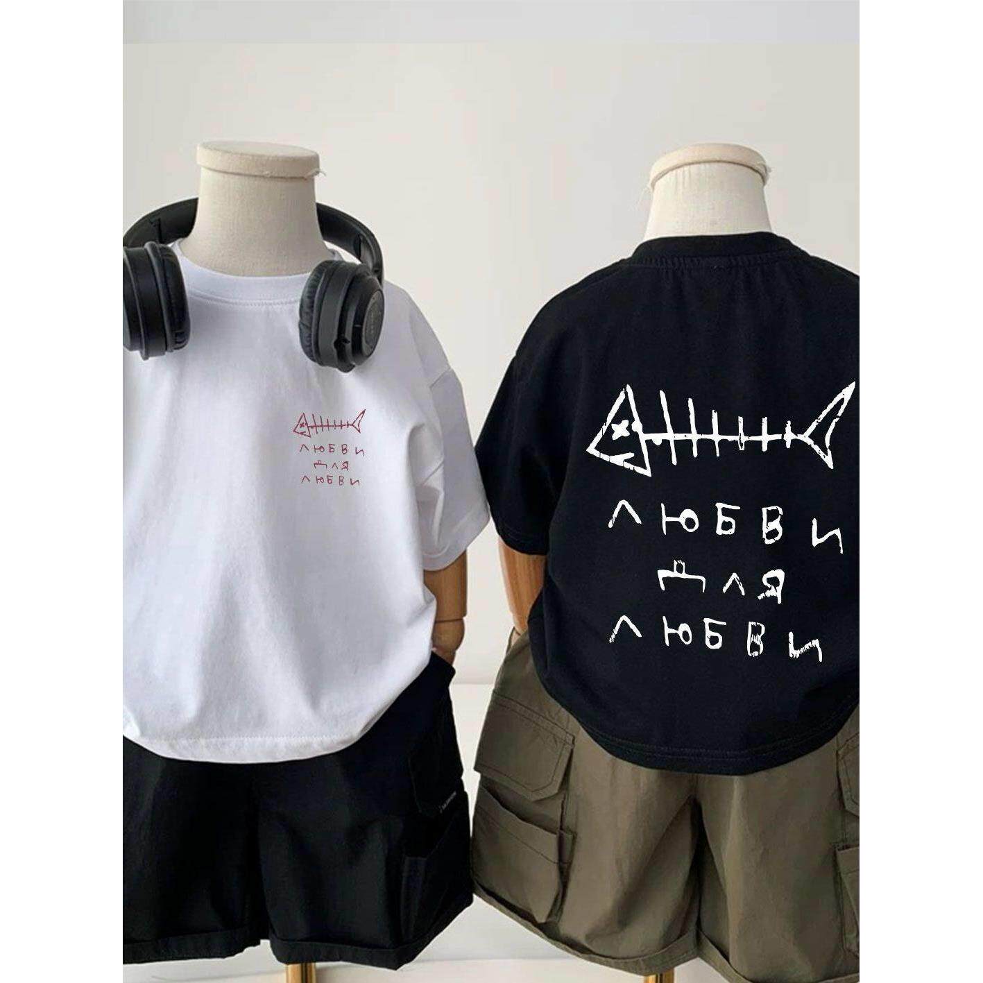 中大童纯棉字母印花短袖t恤男女童夏季新款宽松ins小众设计感上衣