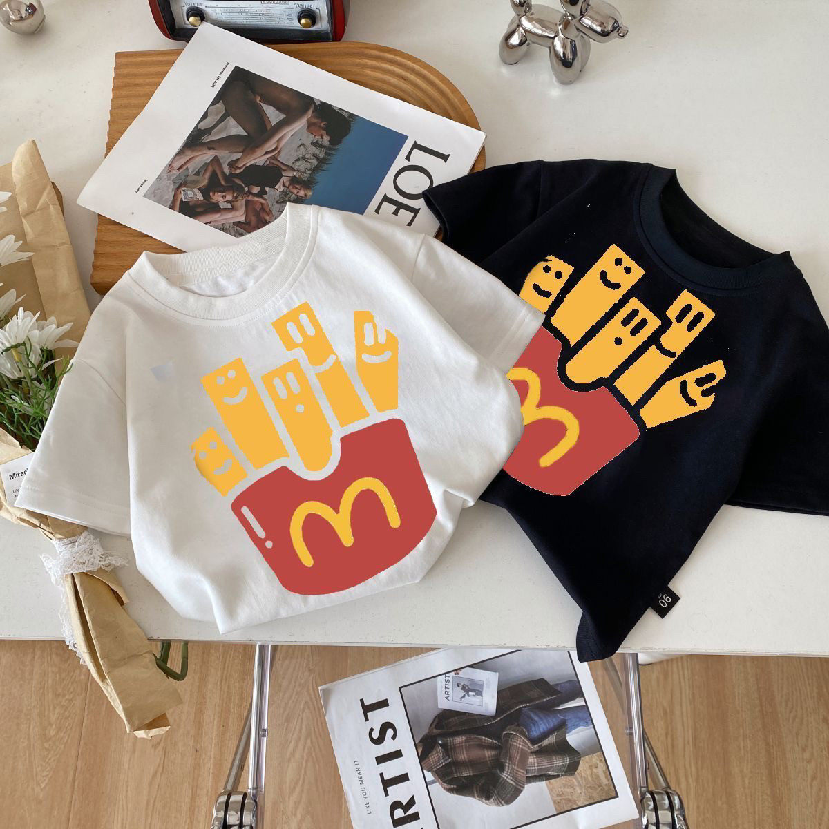 2026夏季新款韩版男童短袖T恤中小童卡通薯条圆领套头打底上衣潮