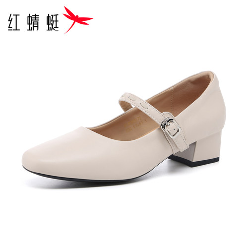 红蜻蜓一字扣带软底低跟妈妈鞋米