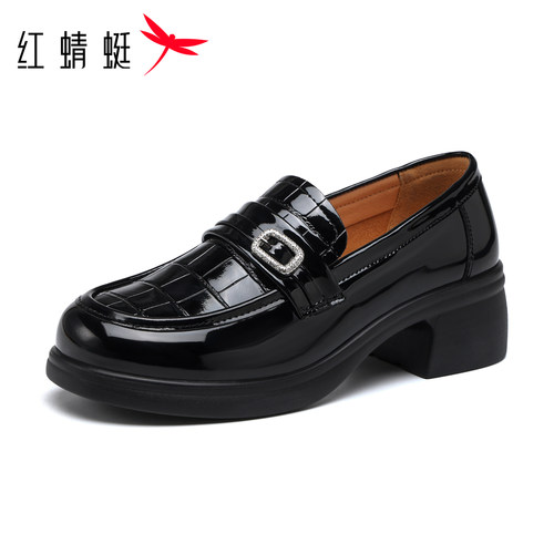 红蜻蜓一脚蹬漆皮亮皮女鞋通勤软