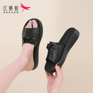 红蜻蜓头层牛皮真皮妈妈拖鞋厚底软底防滑女士凉拖鞋中老年轻便黑