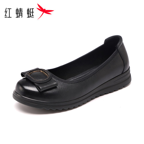 红蜻蜓浅口妈妈鞋一脚蹬真皮舒适
