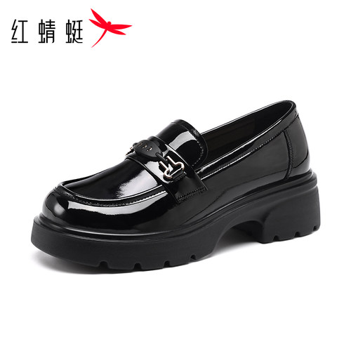 红蜻蜓漆皮真皮女皮鞋厚底粗跟软