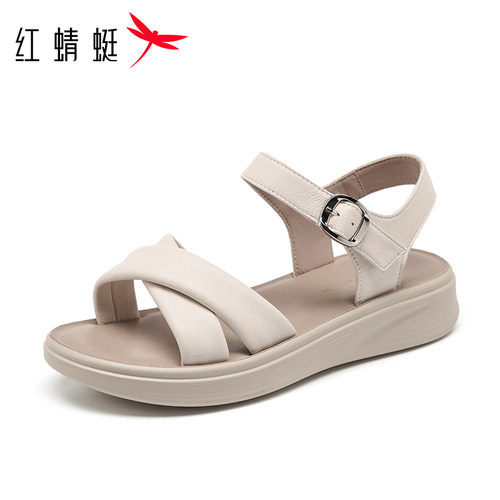 红蜻蜓头层牛皮女凉鞋平跟妈妈款