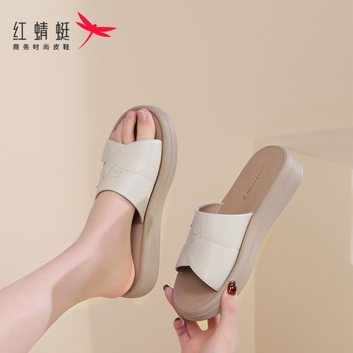 红蜻蜓头层牛皮沙滩鞋子女拖鞋