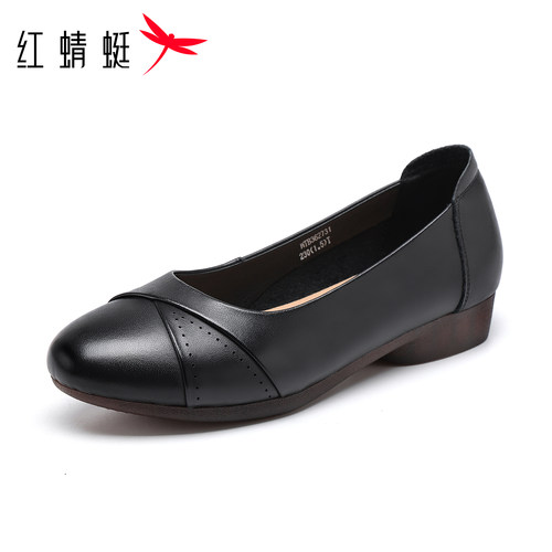 红蜻蜓真皮一脚蹬坡跟女皮鞋软底