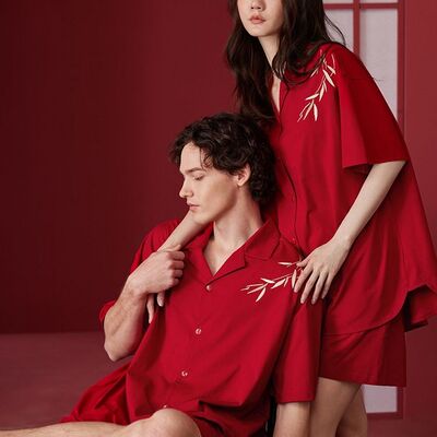 情侣睡衣夏季红色喜庆短袖短裤套装男女新婚结婚本命年夏天家居服