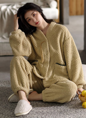 冬季珊瑚绒睡衣女和服加厚保暖加绒开衫少女学生法兰绒家居服套装