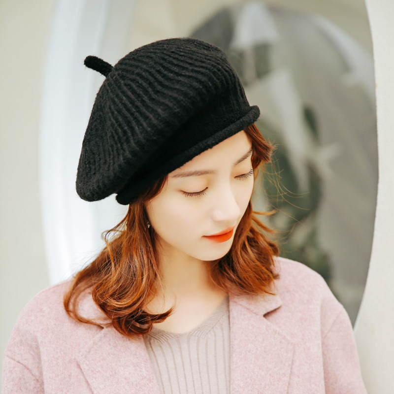 韩国进口羊毛罗纹针织画家帽子女秋冬天优雅洋气休闲毛线贝雷帽