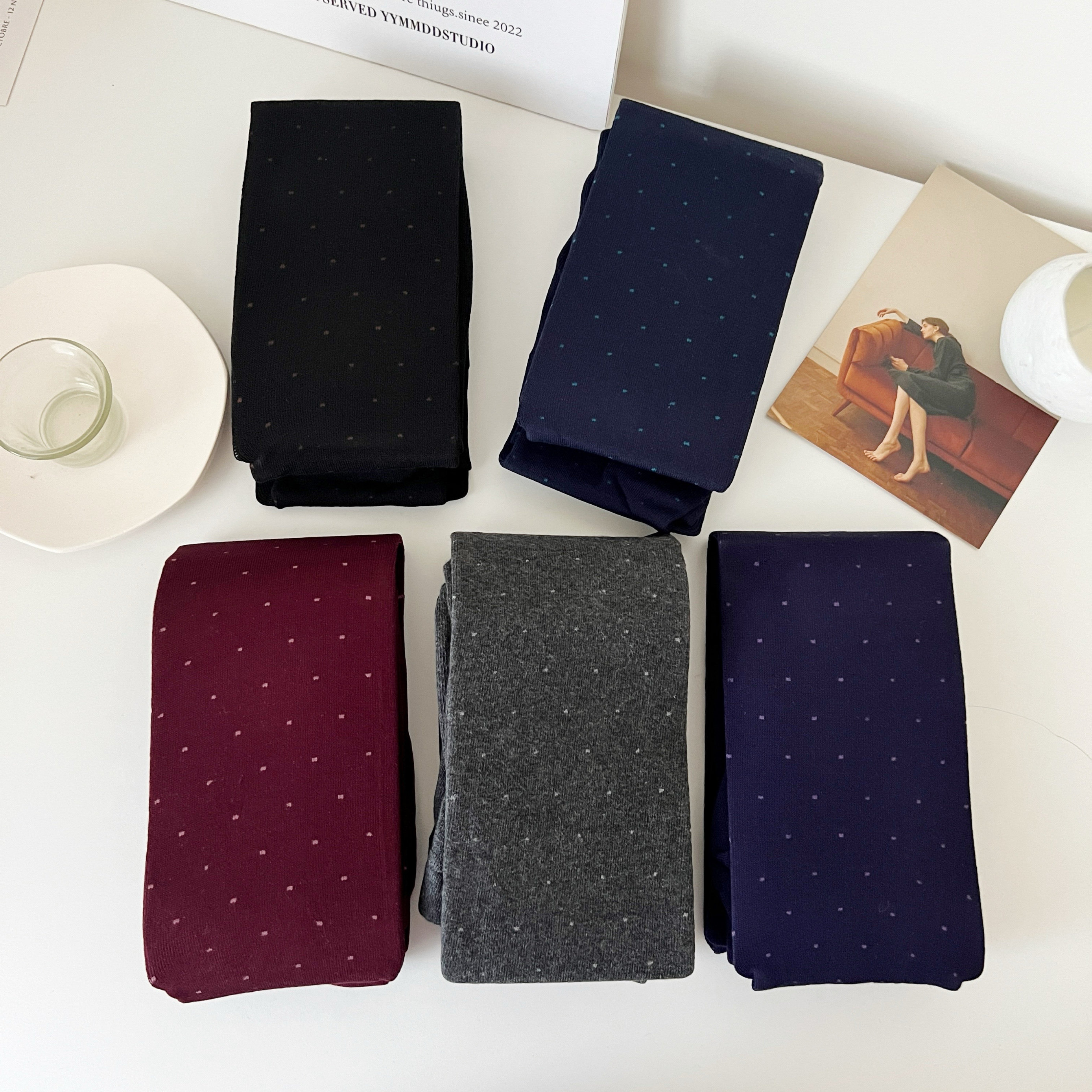 日系棉针织彩色彩点纱提花连裤袜