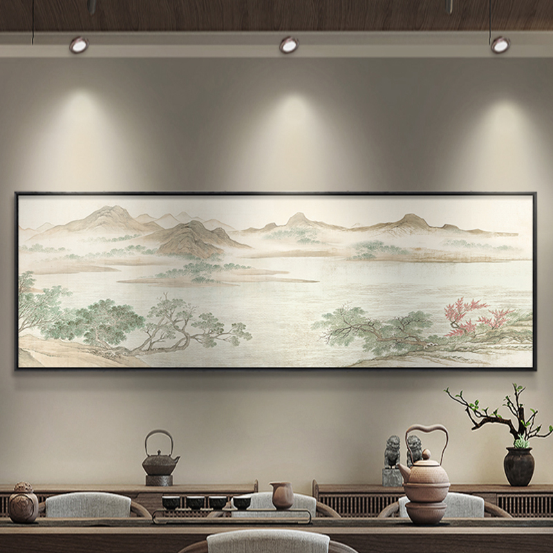 湖山春暖图客厅装饰画新中式山水风景壁画沙发背景墙挂画可定制 家居饰品 油画 原图主图