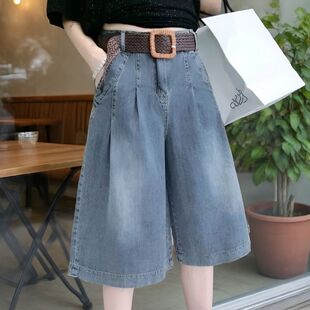 过膝六分裤 薄款 阔腿裤 新款 子 七分牛仔短裤 高腰宽松五分中裤 女夏季