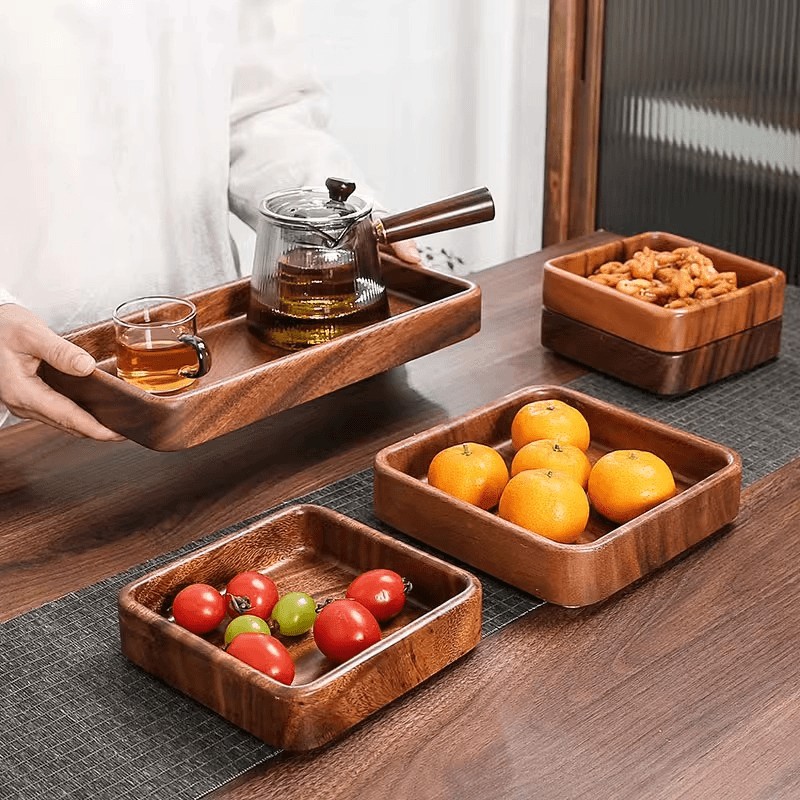 干果盒方形坚果盒胡桃木质零食果盘家用可堆叠日式圆形收纳盘实木