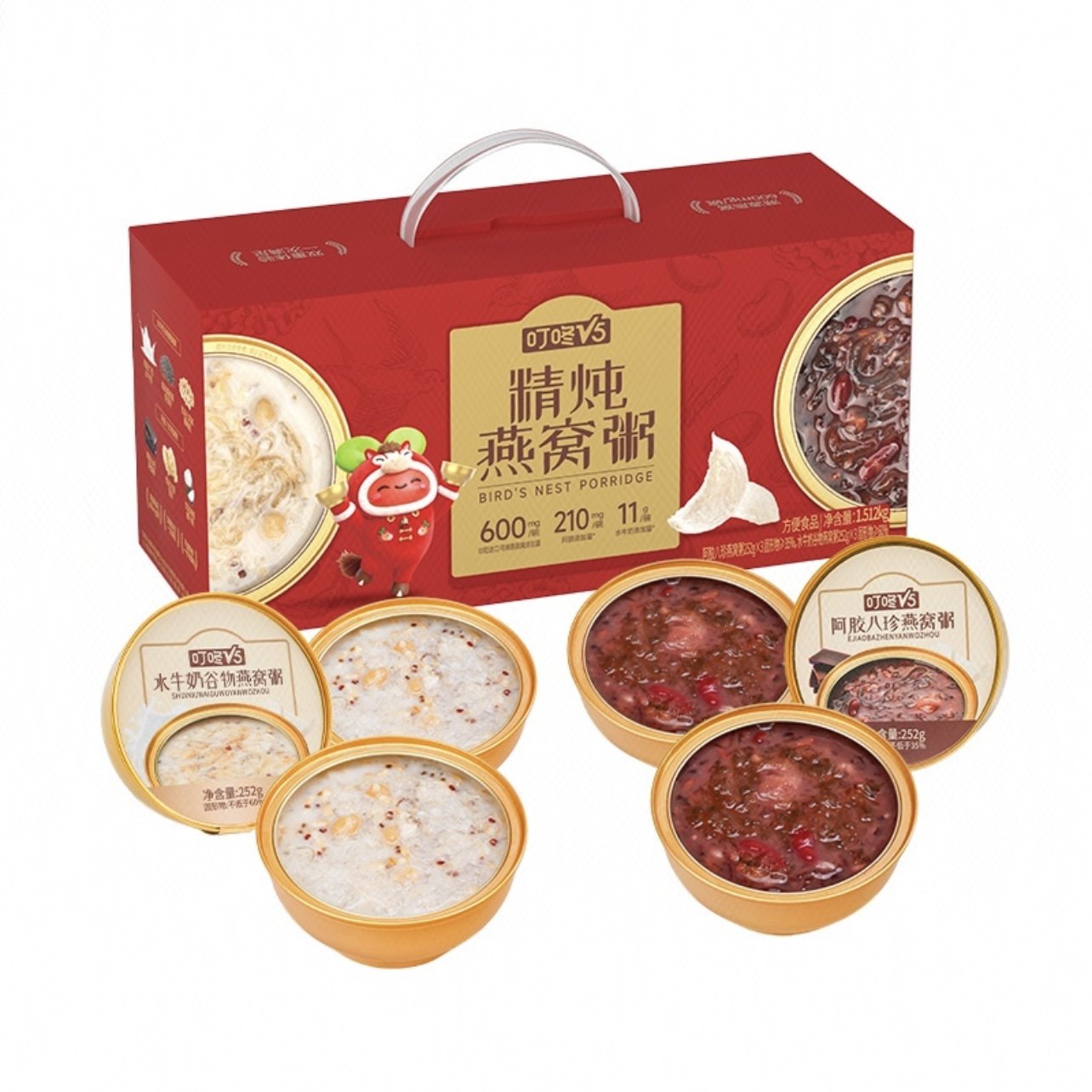 叮咚 V5 精炖燕窝粥礼盒 (阿胶八珍+水牛奶谷物) 252g*6碗,传统滋补营养品,燕窝粥,淘宝优惠券,粉丝福利购,淘宝优惠卷